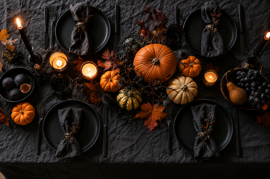 Halloween party table with black plates, pumpkins, and warm candlelight