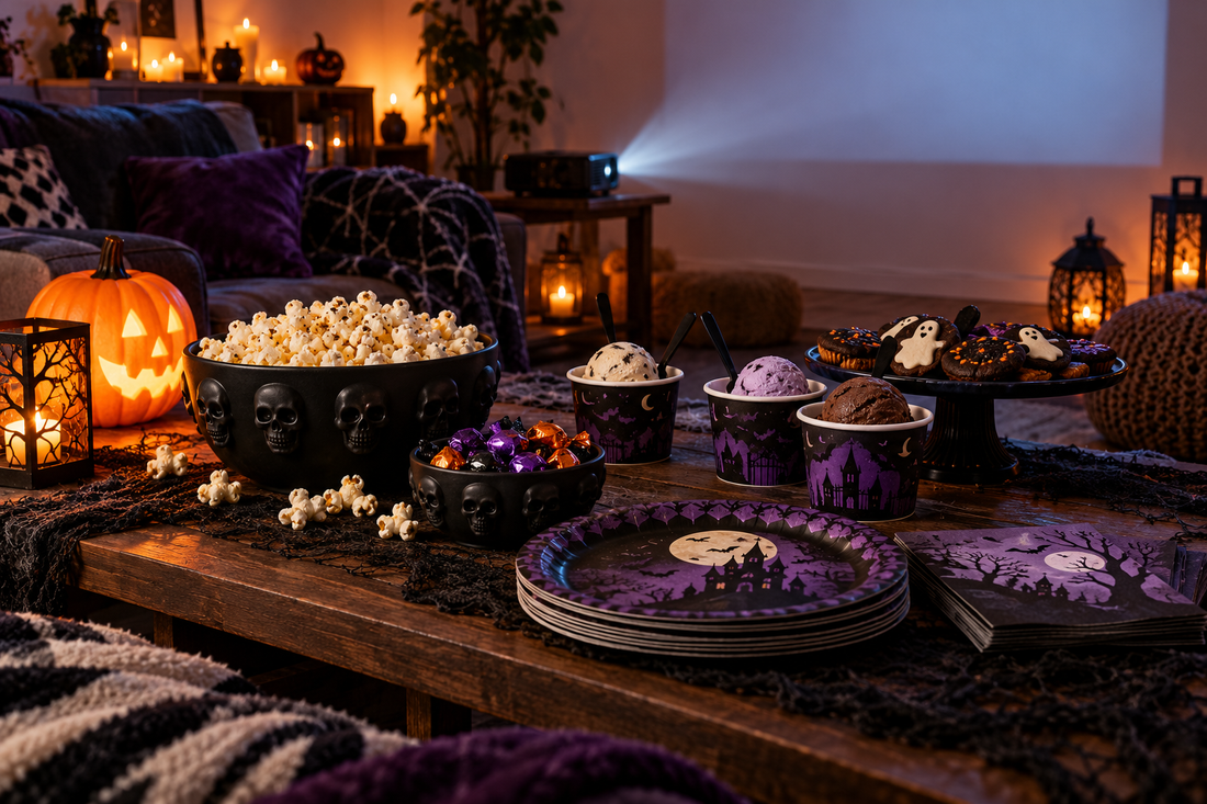 Halloween scary movie night snack table with gothic plates, popcorn, dessert cups and pumpkin lights