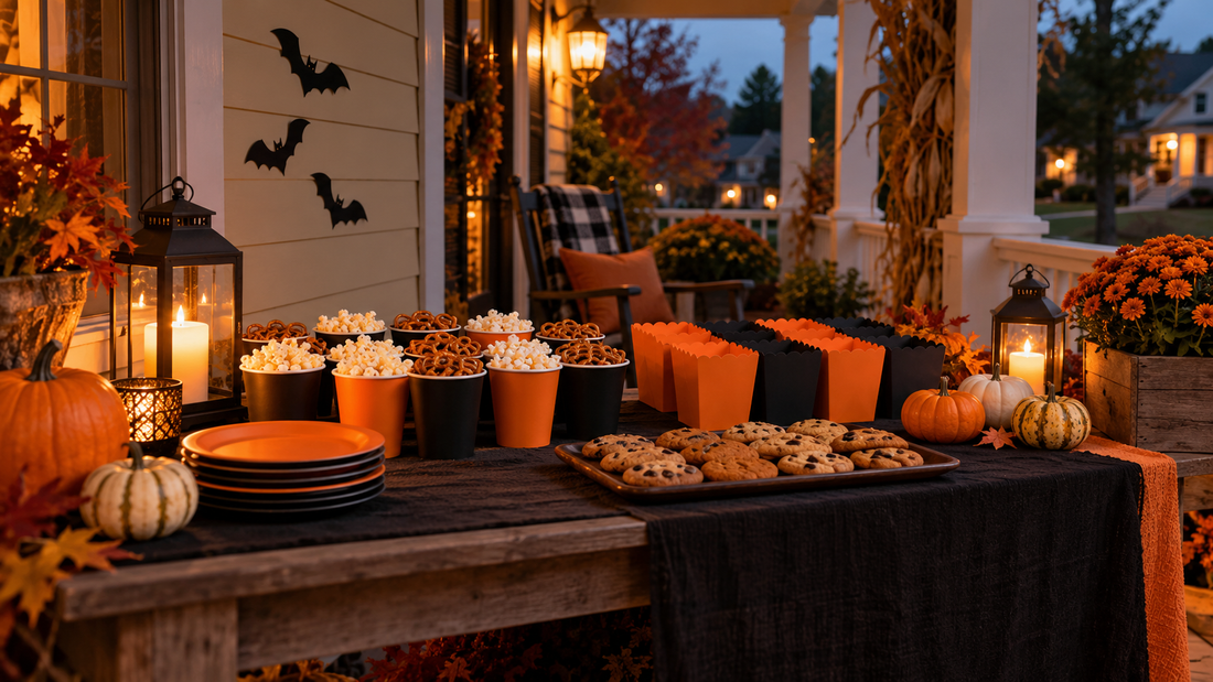 Halloween treat station on a porch with snack cups, treat boxes, plates, pumpkins and lanterns