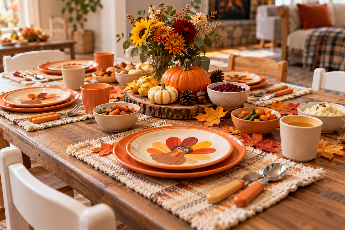 Kid-friendly Thanksgiving table with turkey plates, autumn flowers, pumpkins and small bowls
