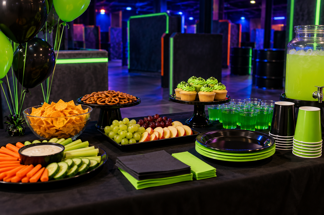 Laser tag birthday snack table with black and neon green plates, cups, fruit and pretzels