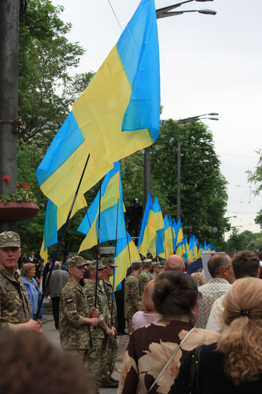 Ukraine independence day party with national flag decorations, patriotic tableware, and themed party supplies