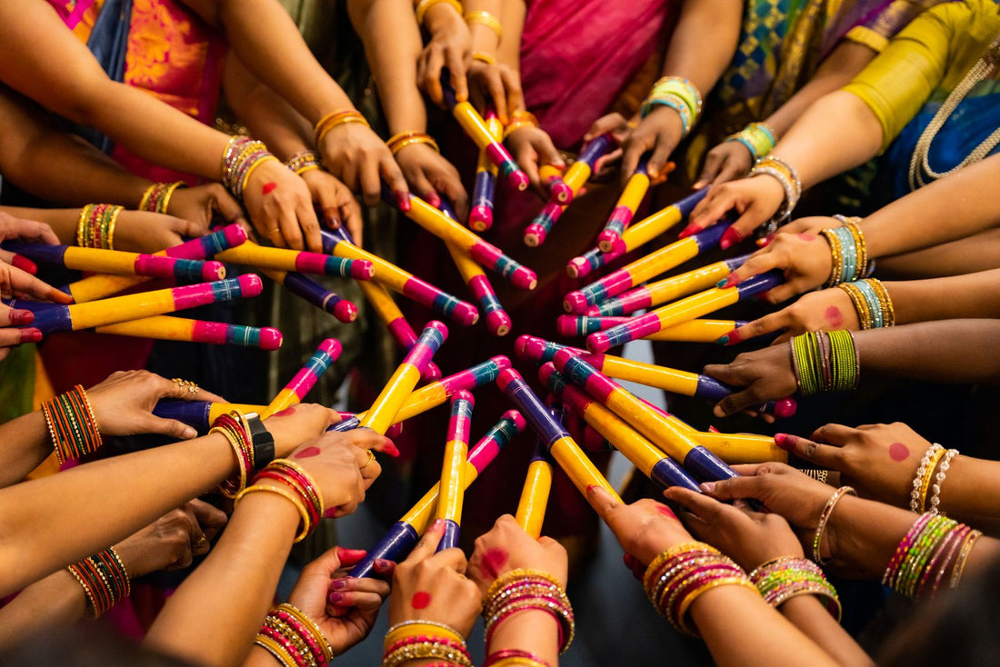 Navratri party with garba decor, colorful drapes, and festive Indian party supplies