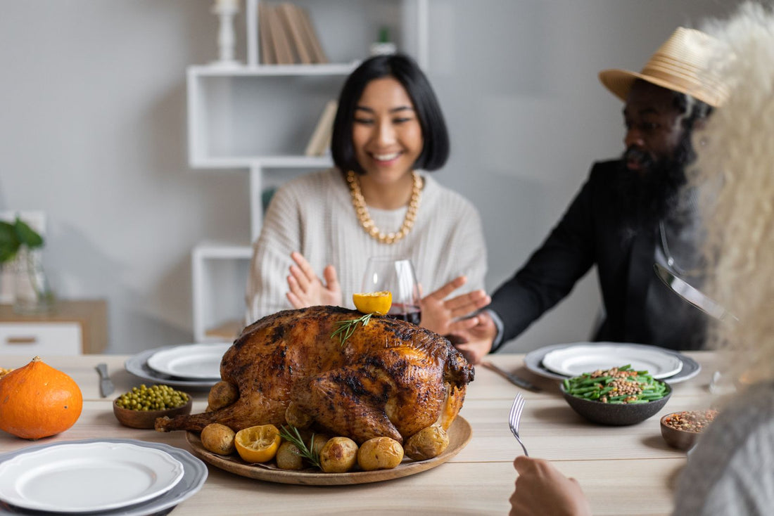 Canadian Thanksgiving party with harvest decorations, pumpkins, and Thanksgiving tableware