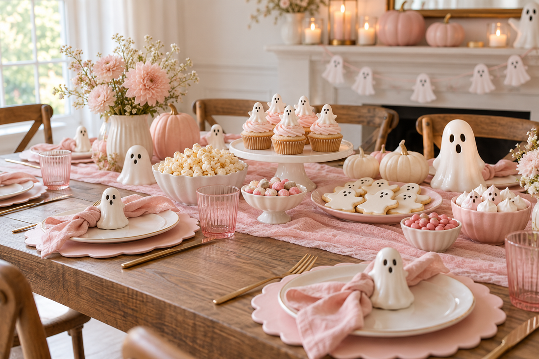 Pink ghost Halloween party table with pale pumpkins, ghost decorations and pastel serving pieces