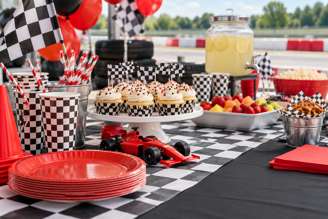Race car birthday pit stop snack table with red plates, checkered cups and cupcakes