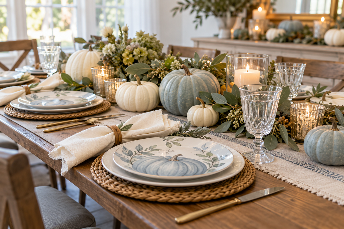 Thanksgiving dinner table with blue gray pumpkin plates, white pumpkins and sage greenery