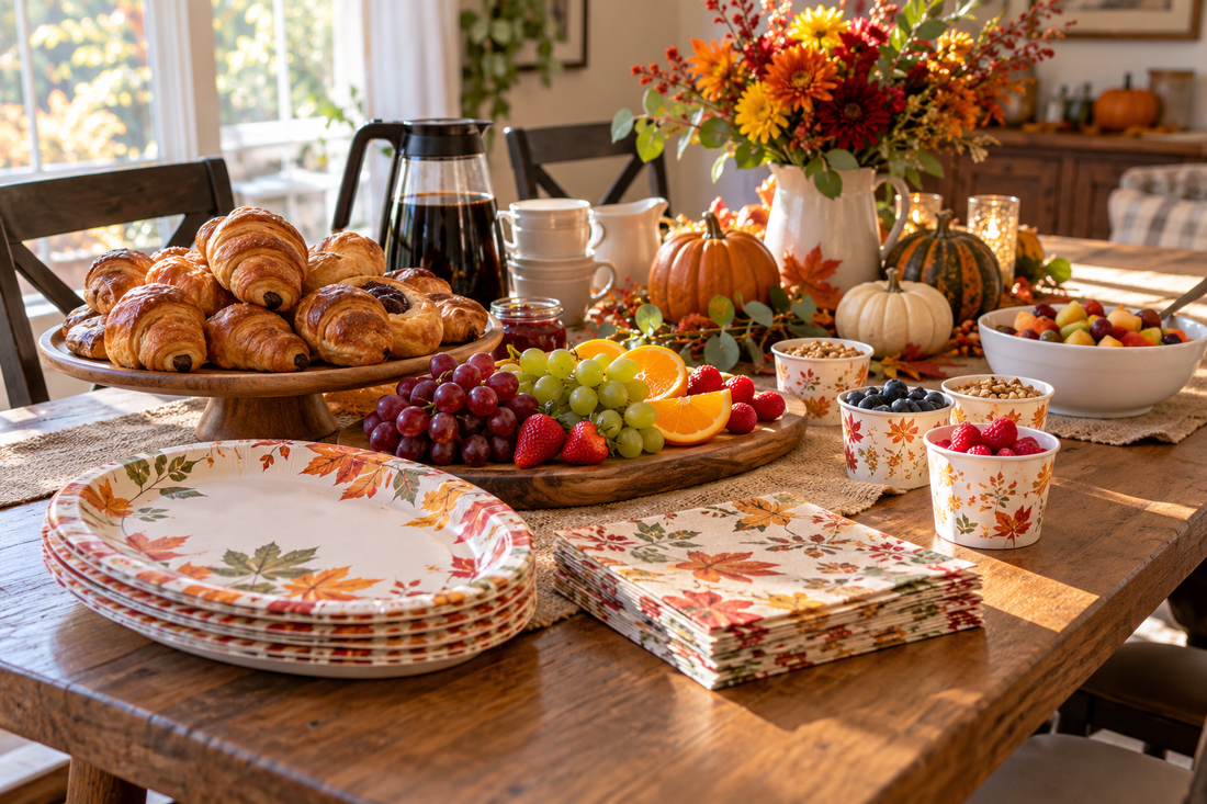 Thanksgiving brunch table with pastries, fruit, autumn paper plates and small snack cups