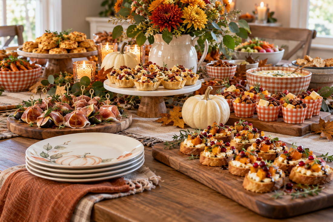 Thanksgiving harvest appetizer table with pumpkin plates, orange gingham snack cups and autumn flowers