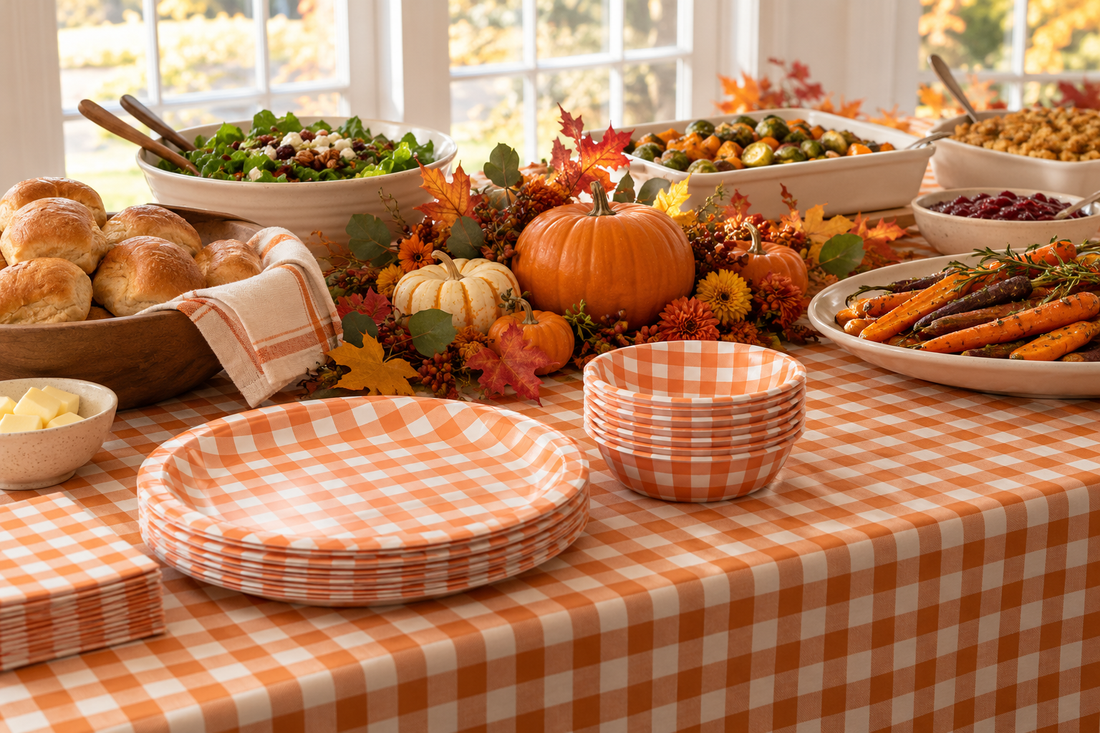 Orange gingham Thanksgiving buffet with paper plates, bowls, autumn vegetables and pumpkins