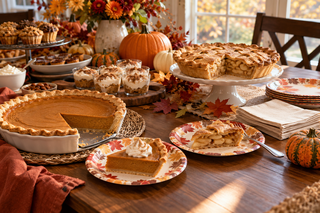Thanksgiving pie dessert table with pumpkin pie, apple pie, autumn plates and dessert cups