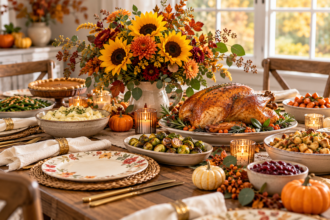Thanksgiving dinner table with sunflower centerpiece, autumn floral plates and small pumpkins