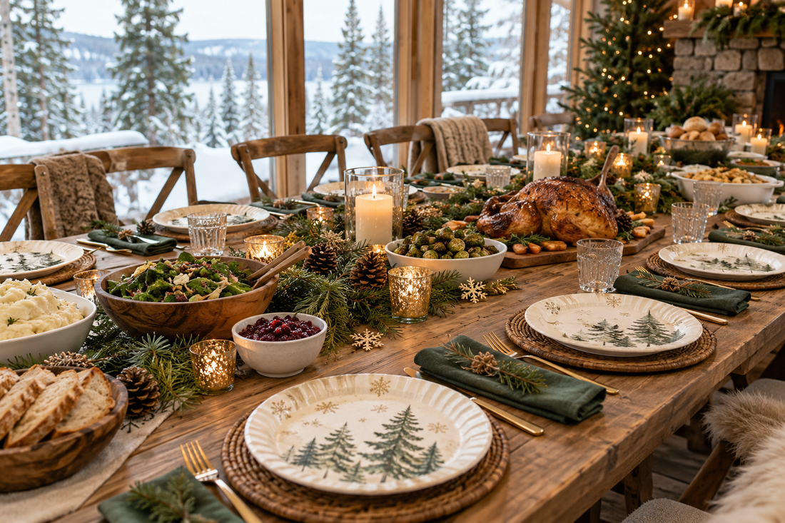 Winter woodland holiday dinner table with pine tree plates, evergreen branches and warm candles