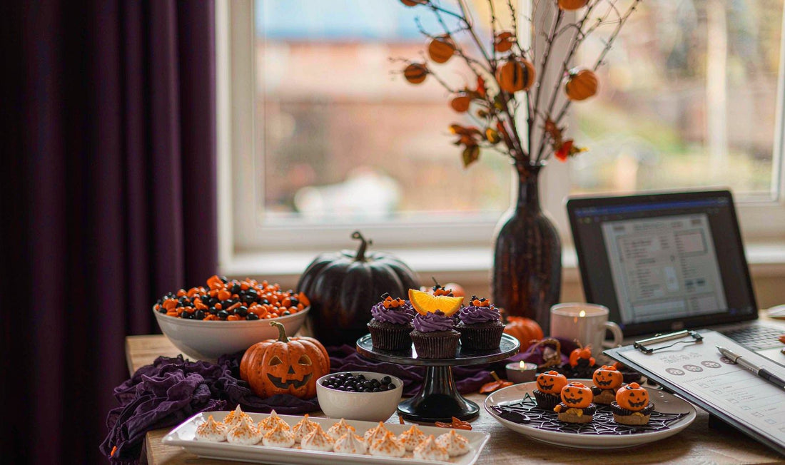 Halloween dessert buffet with candy station, cupcakes, and a party planning checklist