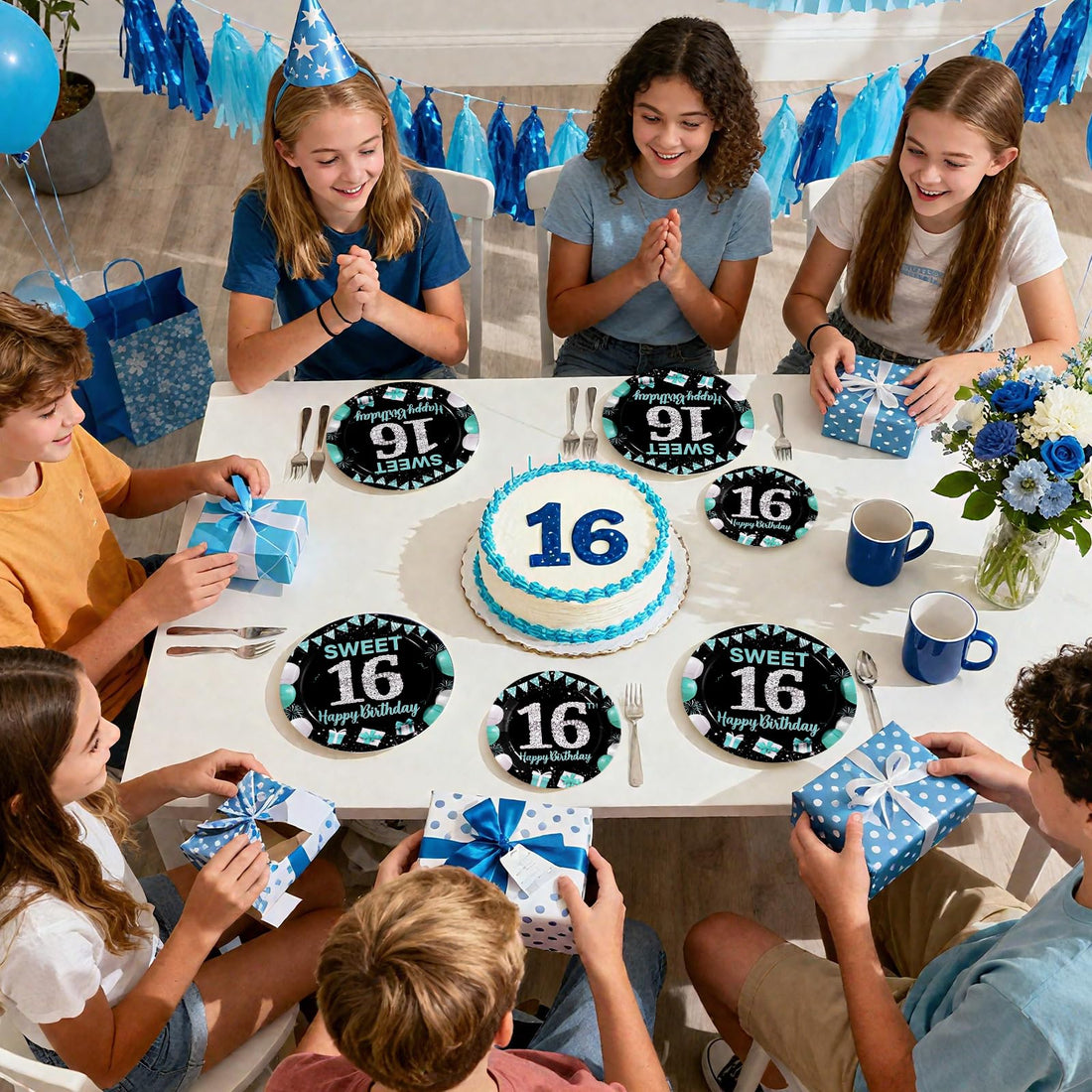 96 Pcs Teal Blue Black 16th Birthday Party Plates and Napkins - Grencian