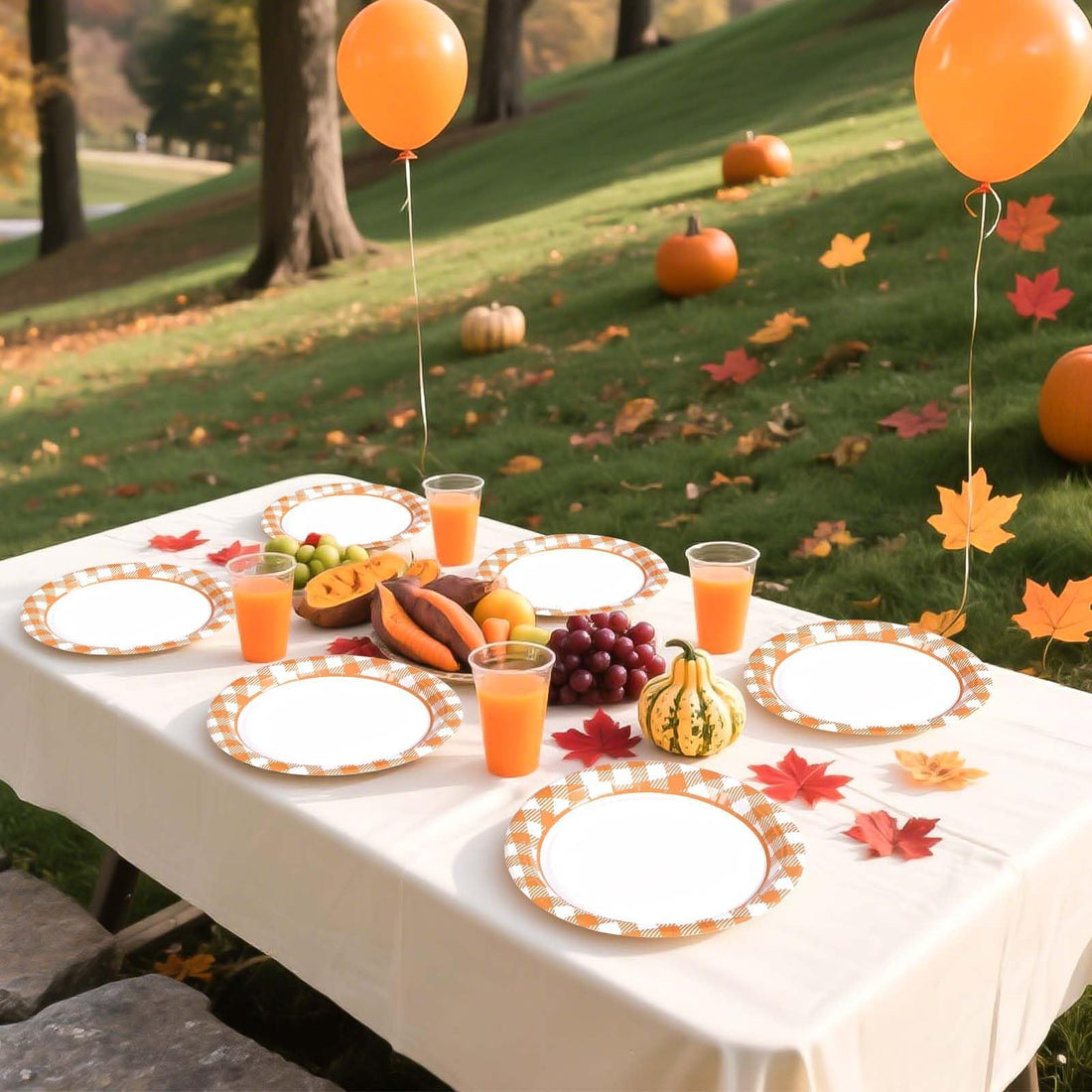 50 Pcs Orange White Gingham Party Paper Plates - Grencian