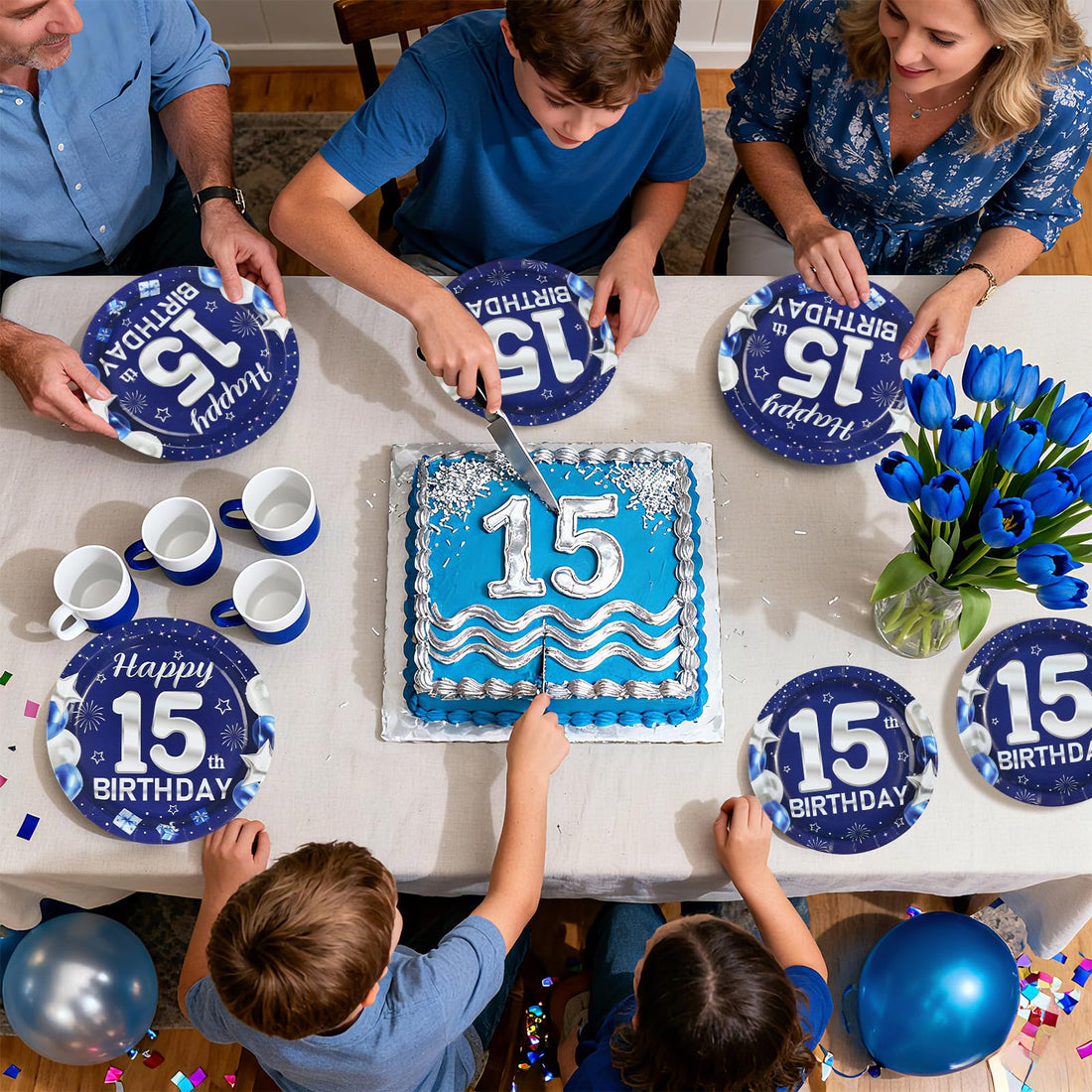 96 Pcs Blue Sliver 15th Birthday Party Plates and Napkins - Grencian