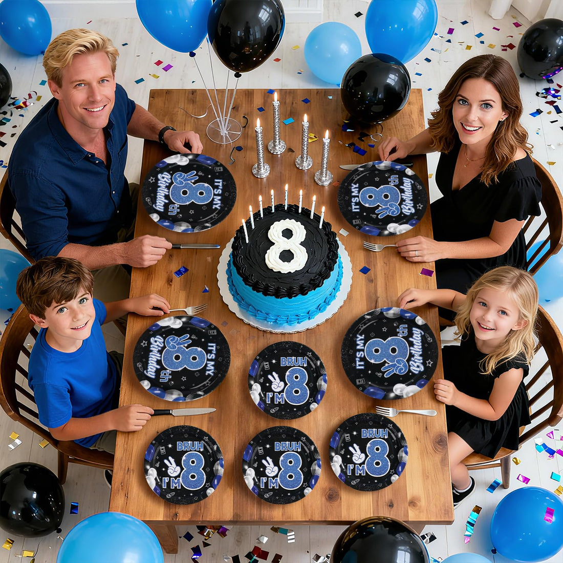 96 Pcs Blue Black 8th Birthday Party Plates and Napkins - Grencian