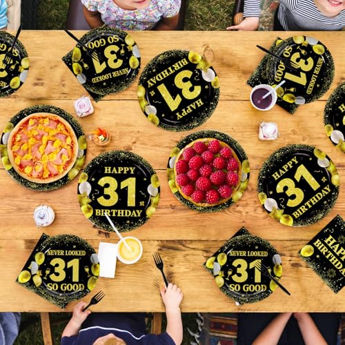 96 Pcs Black Gold 31st Birthday Party Plates and Napkins - Grencian