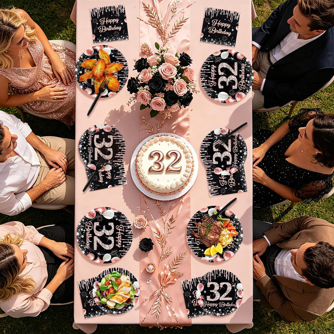 96 Pcs Black Rose 32th Birthday Party Plates and Napkins - Grencian