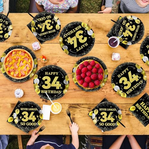96 Pcs Black Gold 34th Birthday Party Plates and Napkins - Grencian