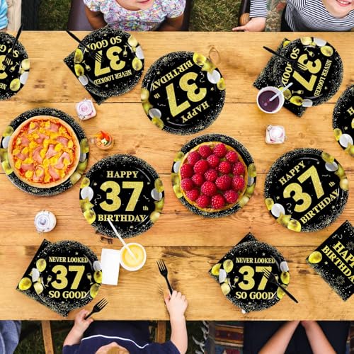 96 Pcs Black Gold 37th Birthday Party Plates and Napkins - Grencian