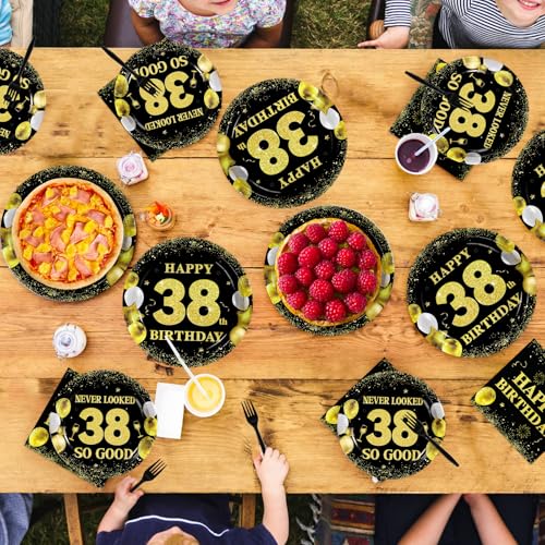 96 Pcs Black Gold 38th Birthday Party Plates and Napkins - Grencian