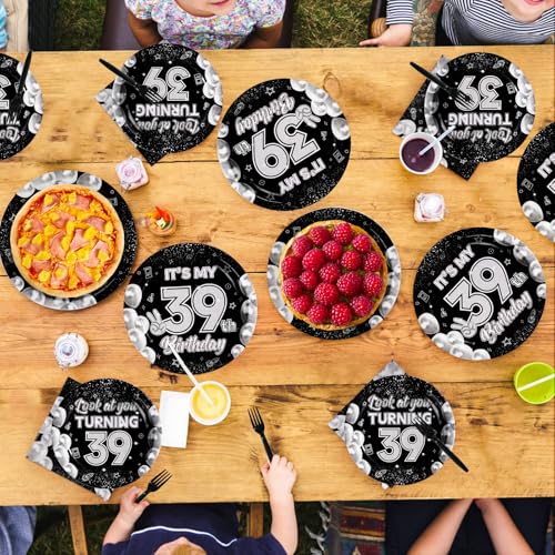96 Pcs Black White 39th Birthday Party Plates and Napkins - Grencian