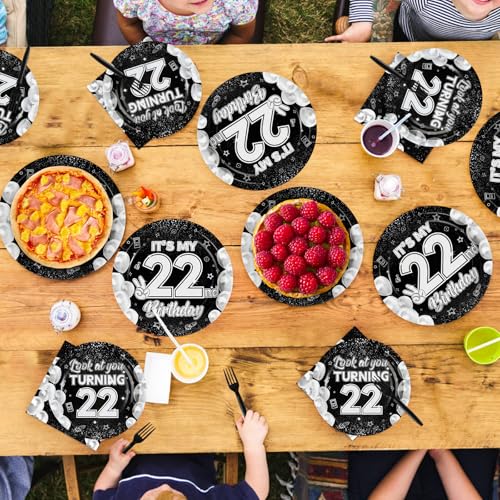 96 Pcs Black White 22th Birthday Party Plates and Napkins - Grencian