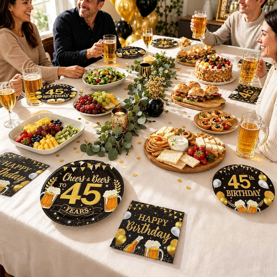 96 Pcs Gold Beer 45th Birthday Party Plates and Napkins - Grencian