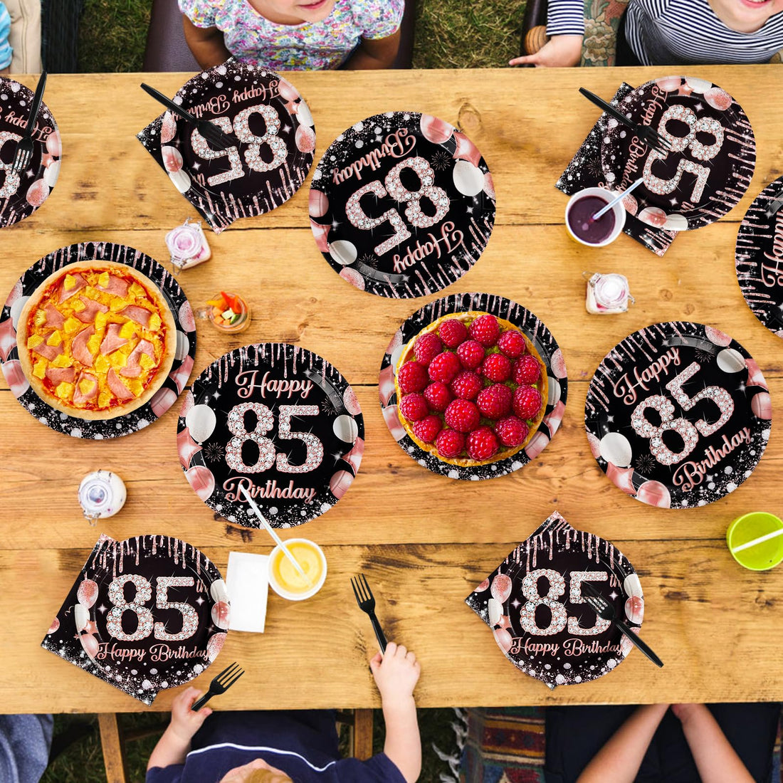 96 Pcs Black Rose Gold 85th Birthday Party Plates and Napkins - Grencian