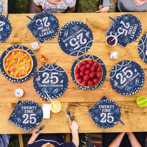96 Pcs Denim Diamonds 25th Birthday Party Plates and Napkins - Grencian