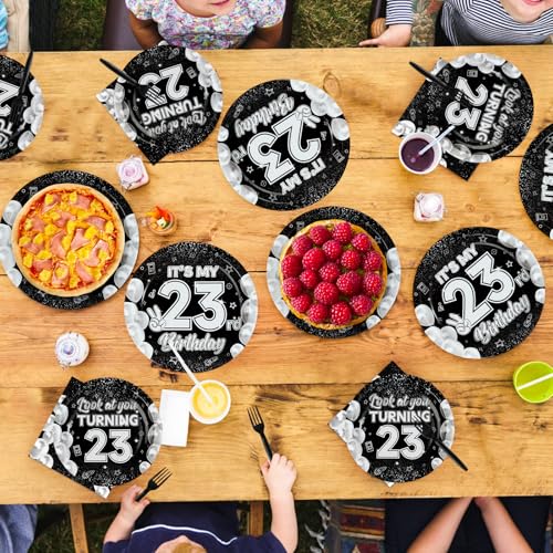 96 Pcs Black White 23rd Birthday Party Plates and Napkins - Grencian