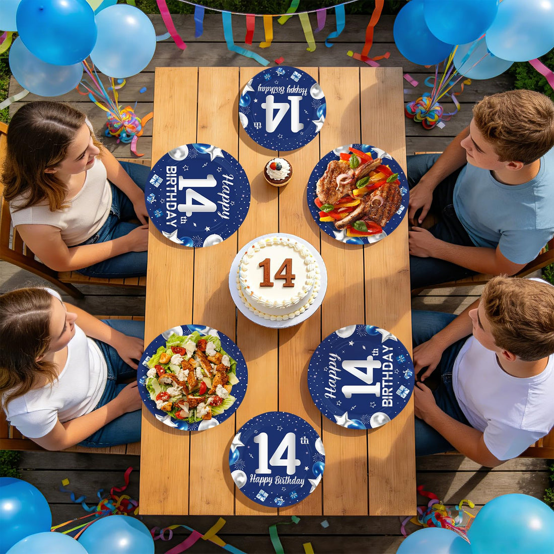 96 Pcs Blue Sliver 14th Birthday Party Plates and Napkins - Grencian
