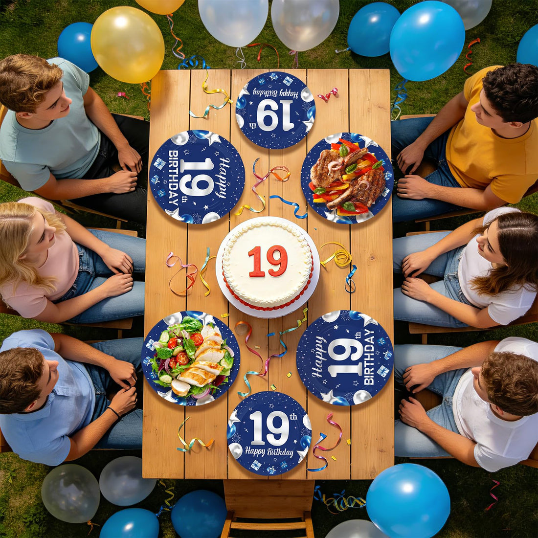 96 Pcs Blue Sliver 19th Birthday Party Plates and Napkins - Grencian