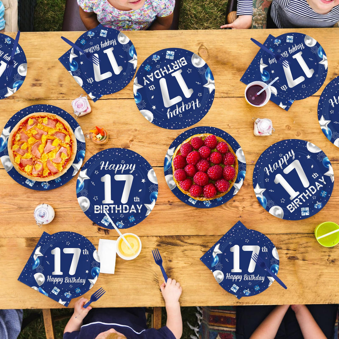 96 Pcs Blue Sliver 17th Birthday Party Plates and Napkins - Grencian