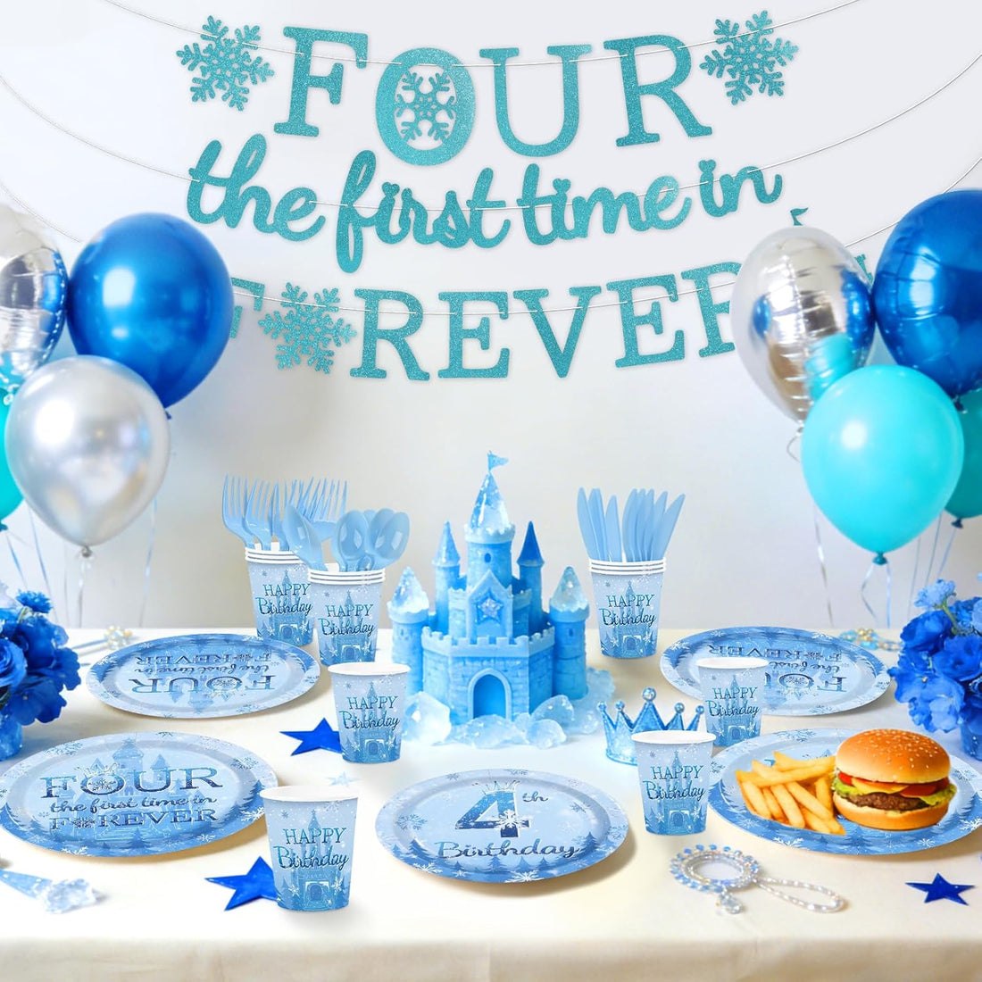 169Pcs Frozen 4th Birthday Party Supplies - Winter Wonderland Plates Napkins Cups Cutlery Banner Tableware Set Serves 24 - Grencian
