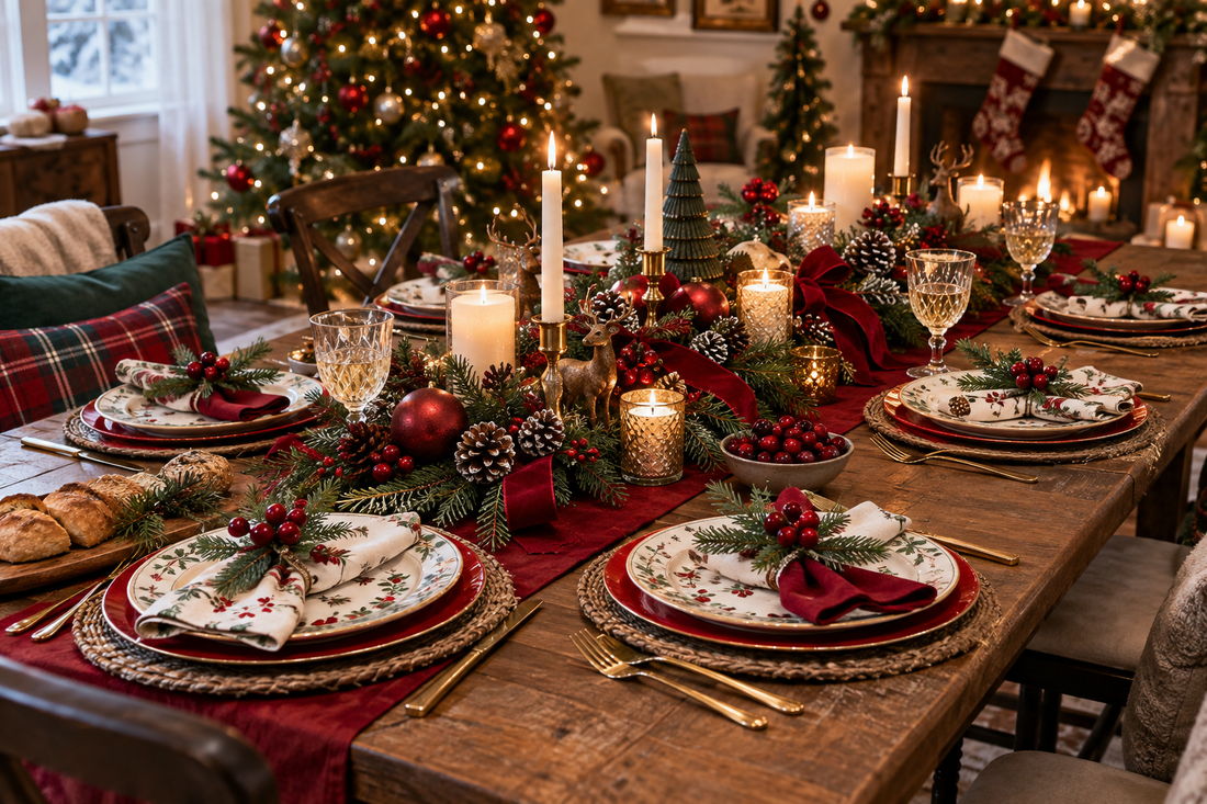 2027 Christmas paper plates and napkins party planning scene with coordinated supplies