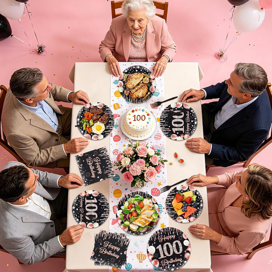 96 Pcs Black Rose 100th Birthday Party Plates and Napkins - Grencian
