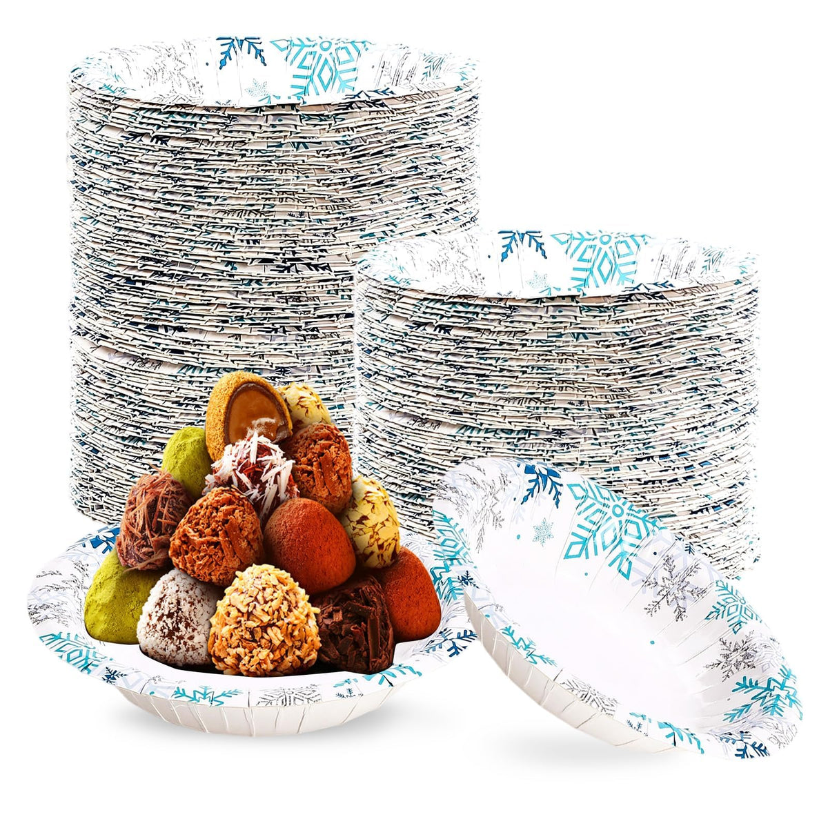 100 Pack Blue White Snowflake Paper Bowls - Grencian
