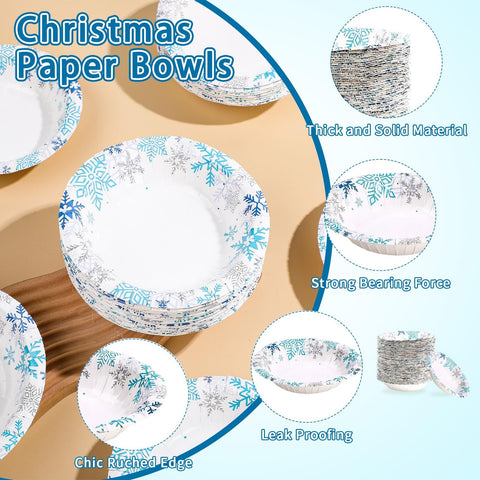 100 Pack Blue White Snowflake Paper Bowls - Grencian