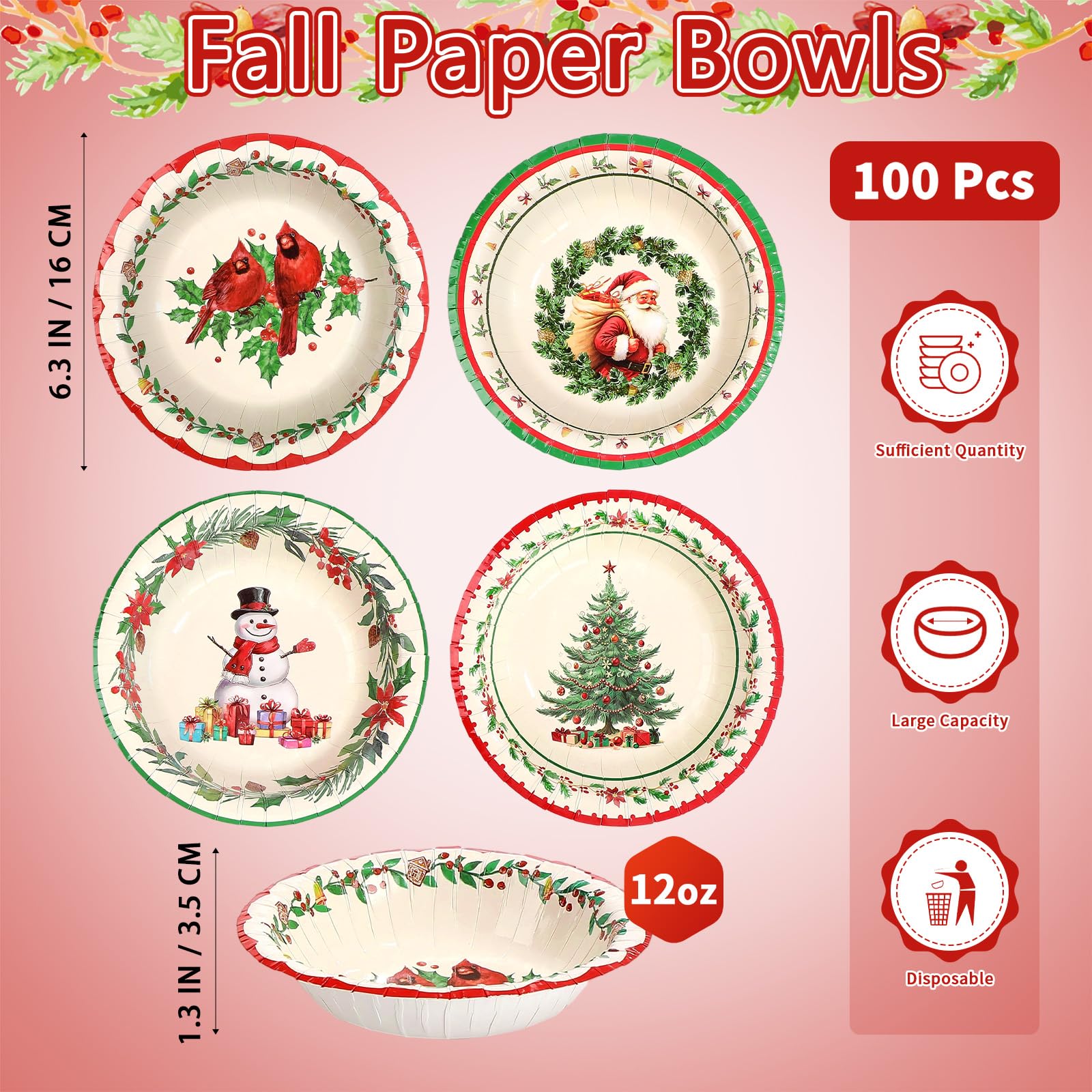 100 Pack Christmas Cartoon Paper Bowls - Grencian