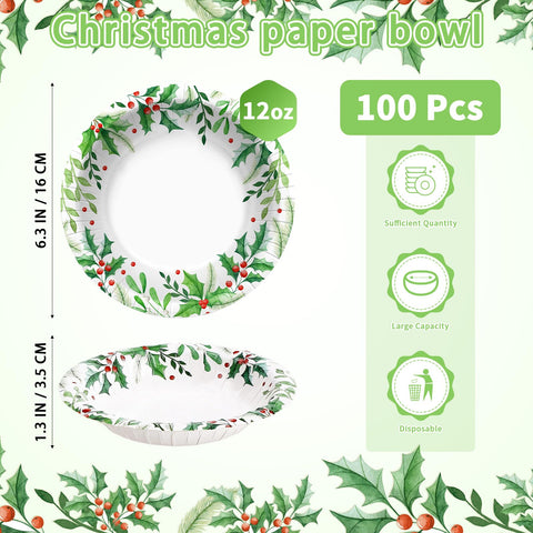 100 Pack Christmas Holly Leaves Paper Bowls - Grencian