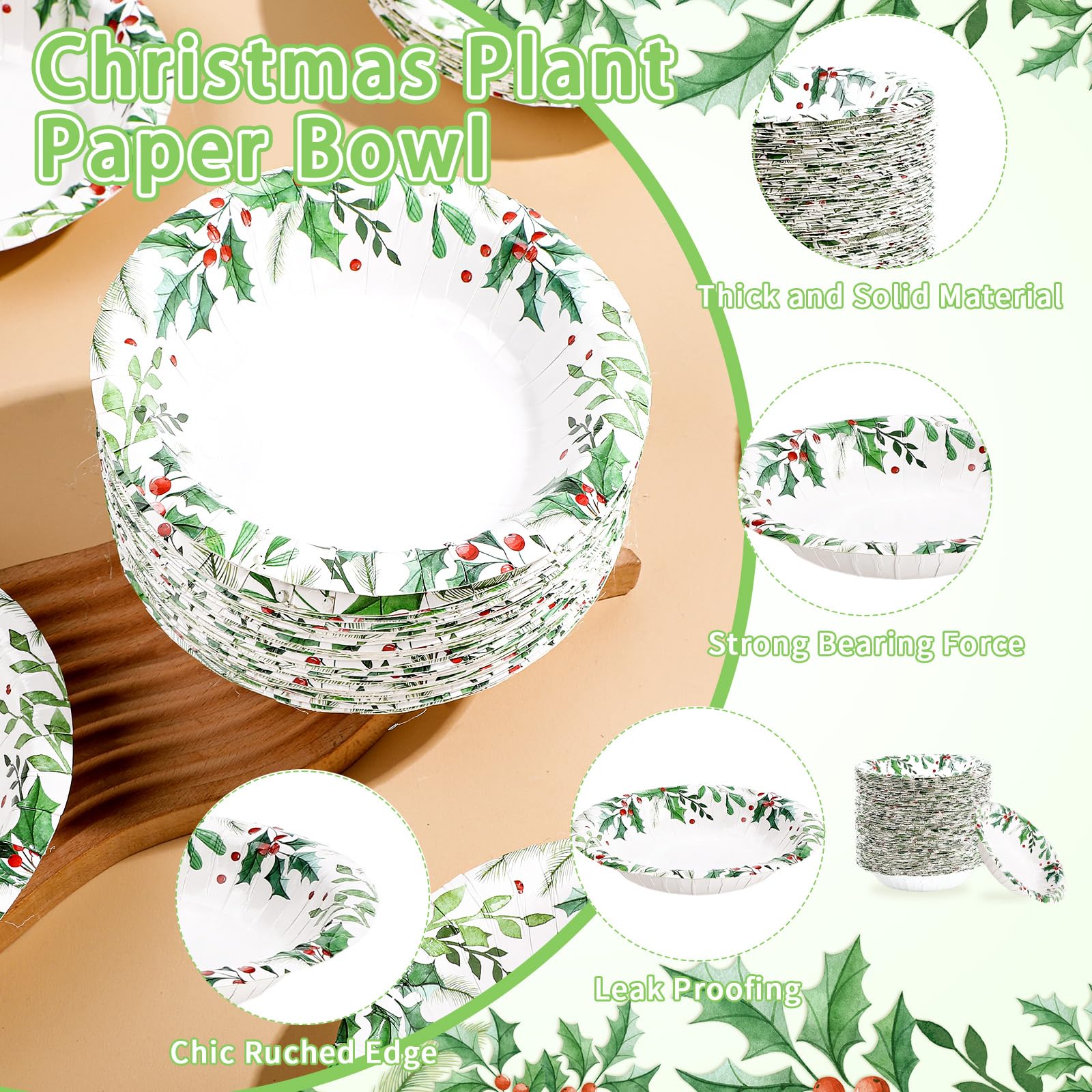 100 Pack Christmas Holly Leaves Paper Bowls - Grencian