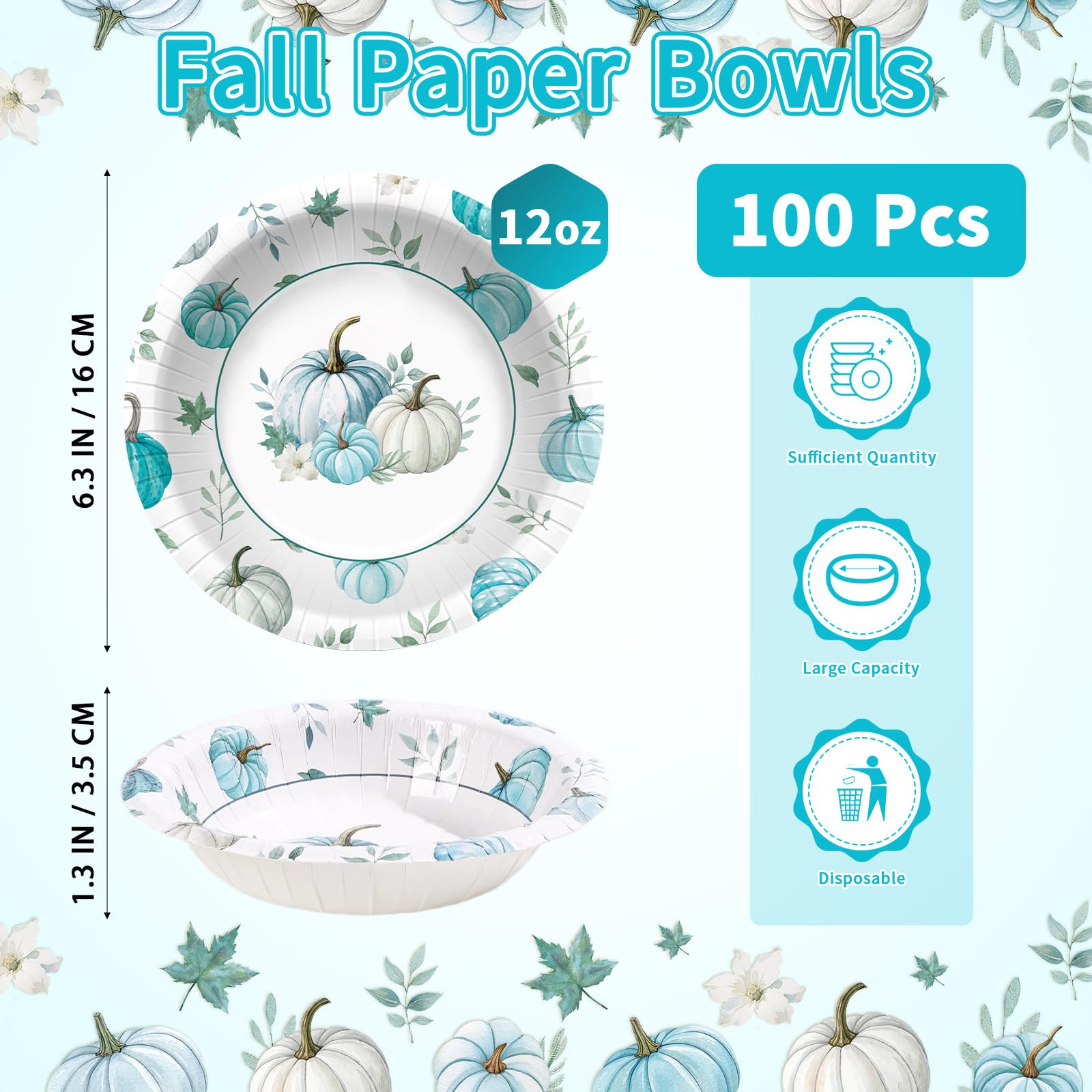 100 Pack Fall Blue Pumpkin Paper Bowls - Grencian