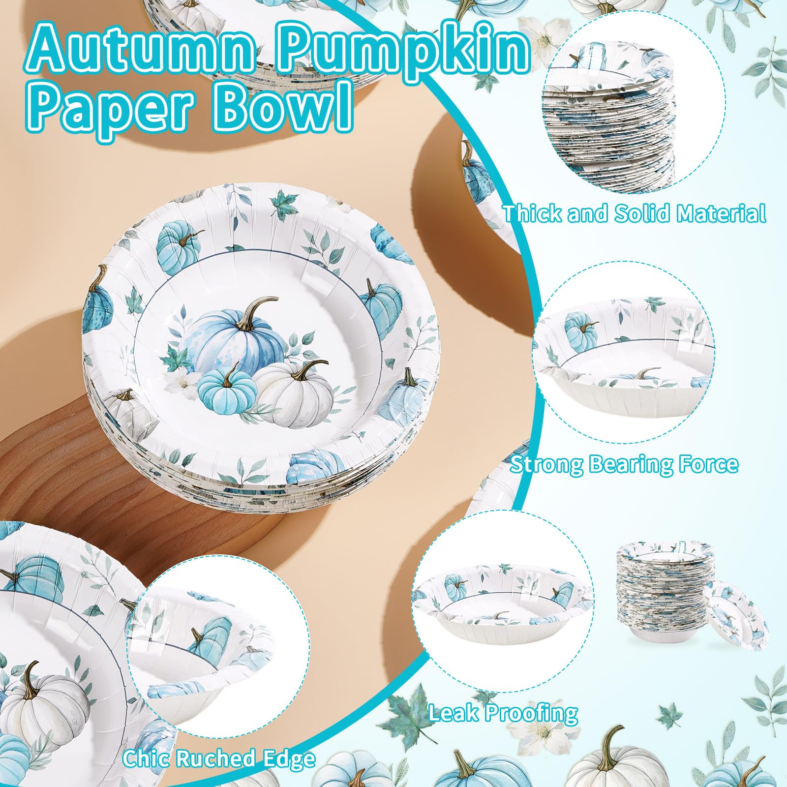 100 Pack Fall Blue Pumpkin Paper Bowls - Grencian