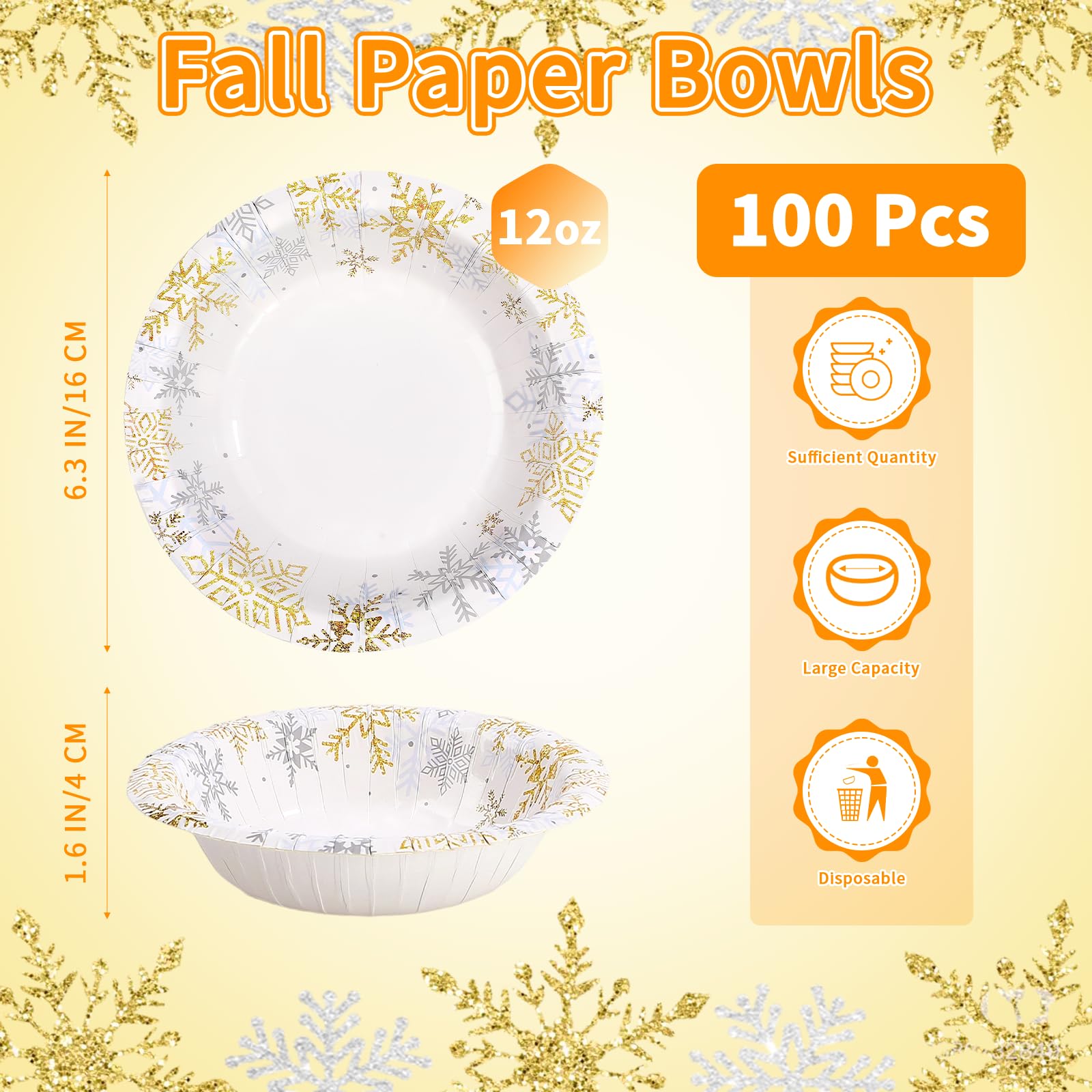 100 Pack Gold Silver Snowflake Paper Bowls - Grencian