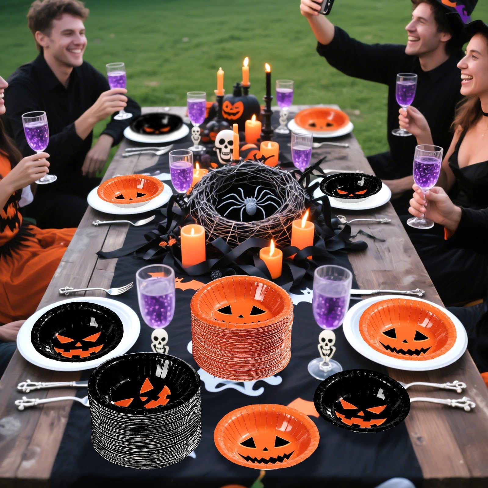 100 Pack Halloween Pumpkin Face Paper Bowls - Grencian