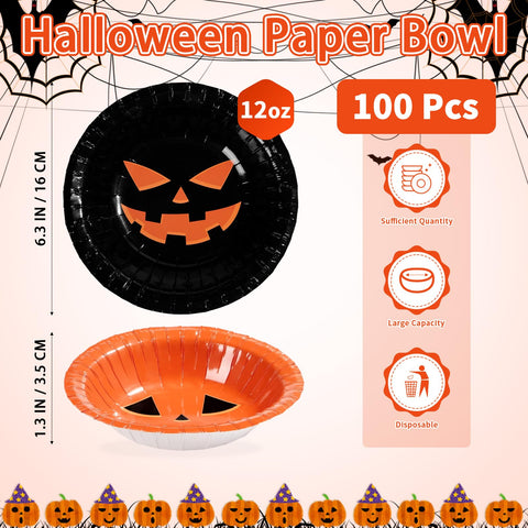 100 Pack Halloween Pumpkin Face Paper Bowls - Grencian