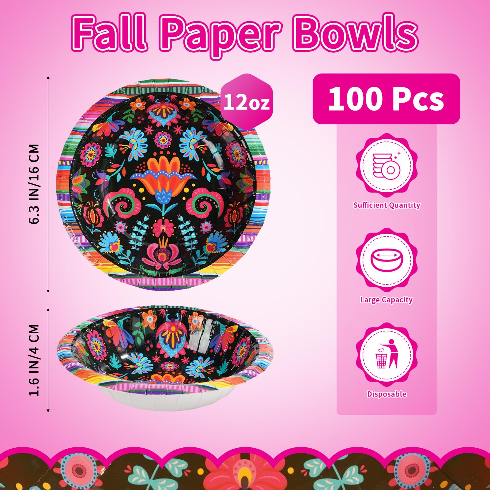 100 Pack Mexican Flower Paper Bowls - Grencian